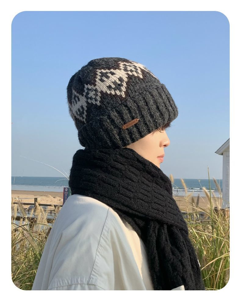 Fleece-Lined Knitted For Men Fair Isle Knit Head Wrap Black Cold Autumn Winter Men's Wool Hat_voghion.com