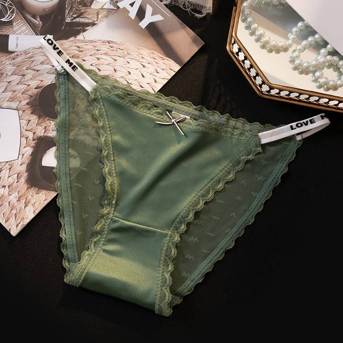 4pcs Light luxury satin lace belt low waist cotton crotch sexy pure summer trackless underwear size:L-XL_voghion.com