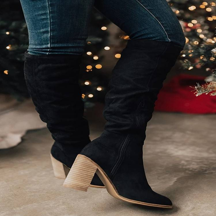 Stivali alla moda da donna in pelle scamosciata con tacco spesso, taglie forti, con cerniera laterale e punta, colore unito, 2024_voghion.com