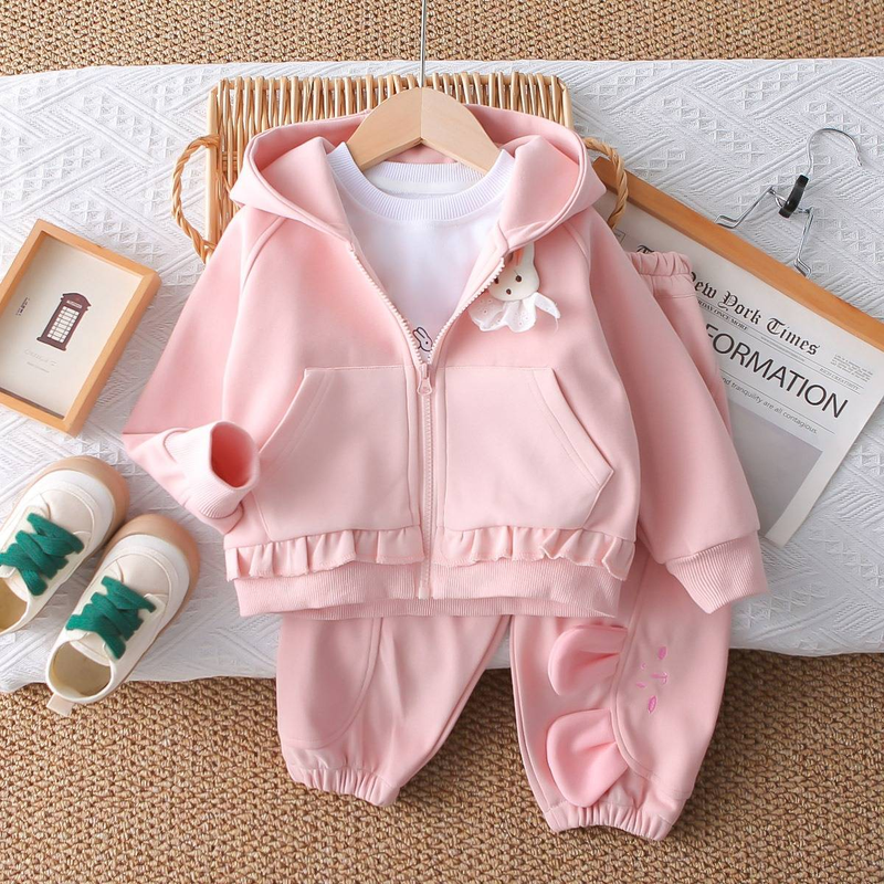 Trendy Kids' Tracksuit Set – Cute Bunny Print Hoodie + Jogger Pants & Tee (80-130cm) – Spring/Fall Unisex Outfit, Soft Cotton Playwear_voghion.com