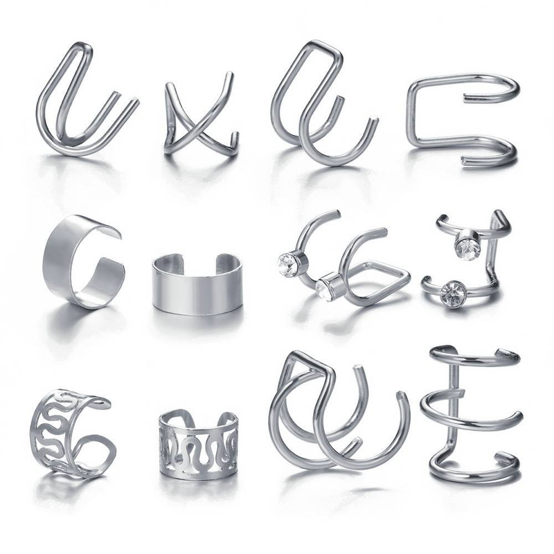 5-Piece Stackable C-Shaped Ear Cuffs Set - Non-Piercing Cartilage Earrings For Women, Geometric Hollow Design, Hypoallergenic Zinc Alloy_voghion.com