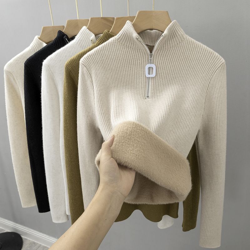 Damski sweter z grubej dzianiny z podszewką z polaru, zapinany na zamek do połowy – miękki półgolf na zimę i jesień (biały, czarny, beżowy, khaki, uniwersalny)_voghion.com