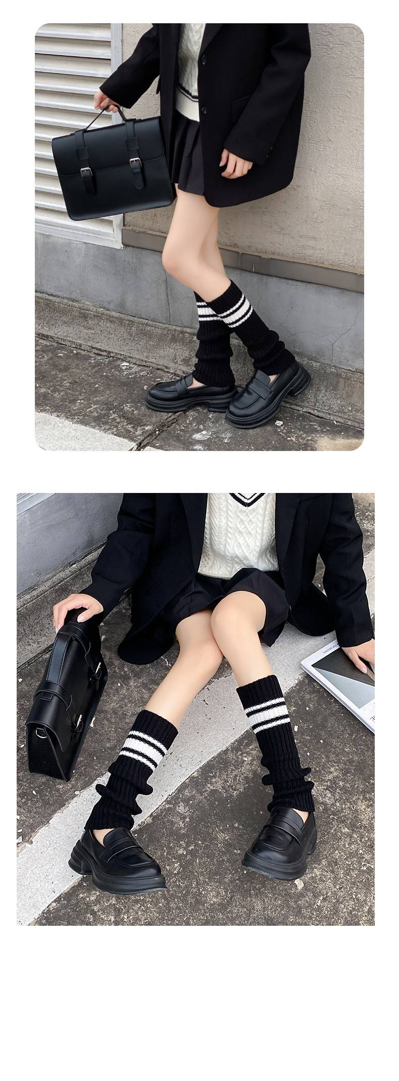 Scaldamuscoli Bootshang, calzini in cotone per donna con calzini in pile lavorato a maglia a righe, stile college, due barre, scaldamuscoli lunghi bianchi caldi per autunno e inverno_voghion.com