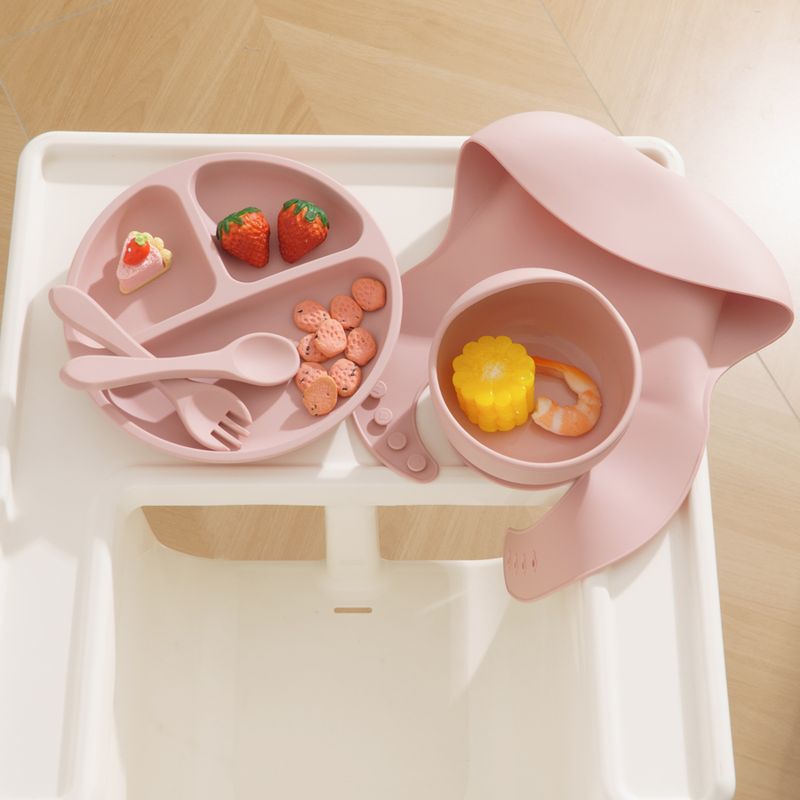 Juego de 5 piezas de alimentación de silicona para bebés, plato de comedor redondo, tazón con ventosa, platos para niños, babero impermeable, vajilla para niños, taza con pajita_voghion.com