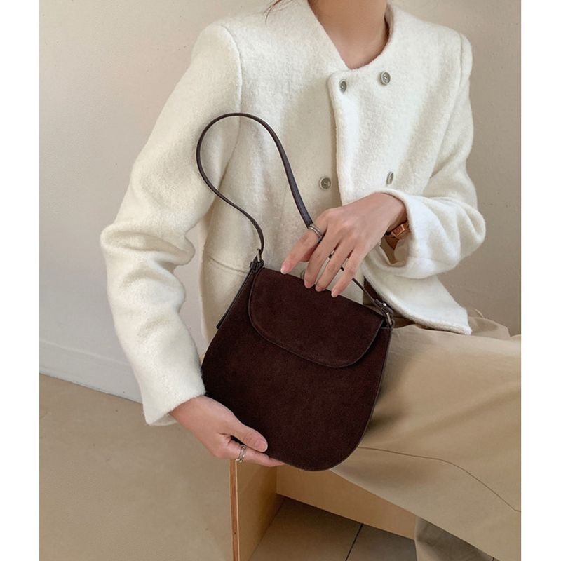 【 Genuine leather women's 】 Suede frosted cowhide saddle with niche design, single shoulder crossbody bag, underarm bag_voghion.com