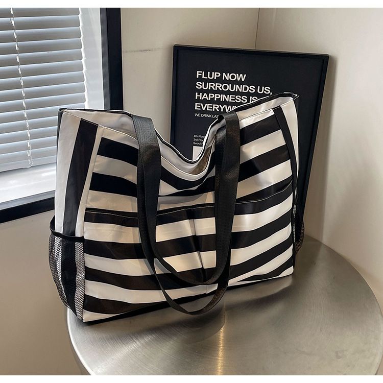 Beach 2024 summer shoulder artistic small fresh striped canvas tote bag large capacity handbag_voghion.com