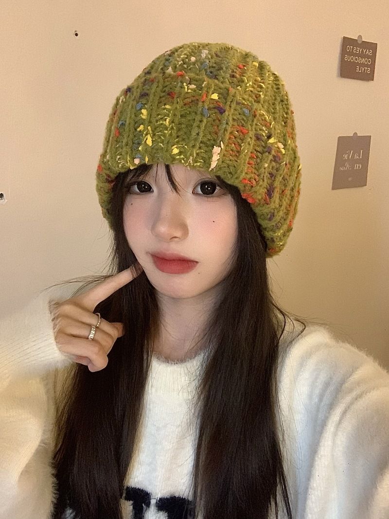 Herbst und Winter Regenbogenbohnen süße süße Mädchen Strickmütze weiblicher großer Kopfumfang Flormütze warmer Ohrenschutz Wollmütze_voghion.com