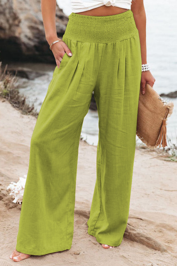 Pantalon long décontracté et polyvalent pour femme, coupe large, taille élastique, en coton, grande taille, printemps/été 2022_voghion.com