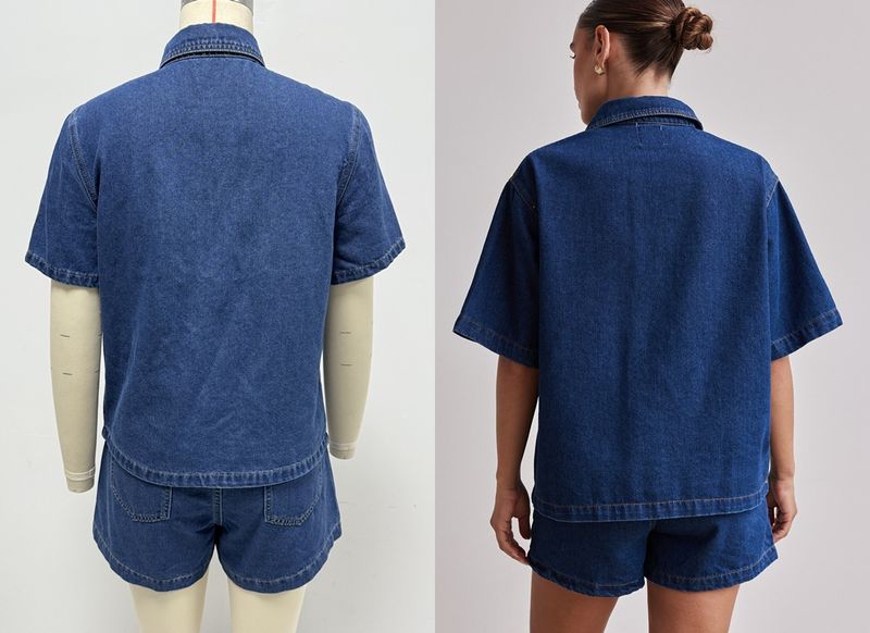 Roupas femininas verão feminino casual retro solto camisa jeans shorts conjunto_voghion.com