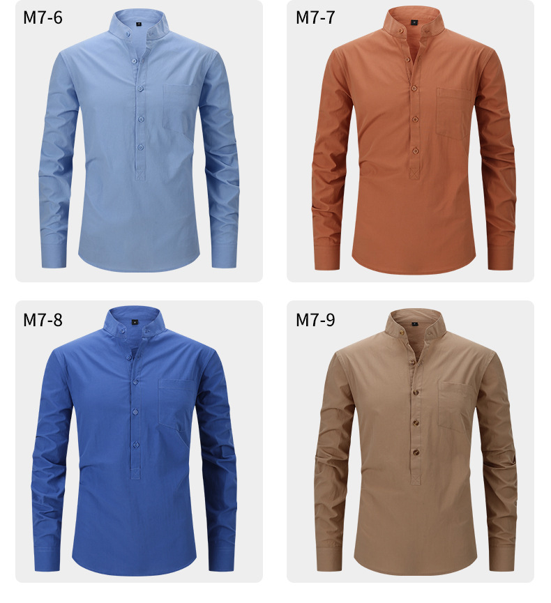 Abbigliamento Uomo Camicia Camicia Henry in cotone da uomo Camicia in lino con collo alto Camicia a maniche lunghe da uomo_voghion.com