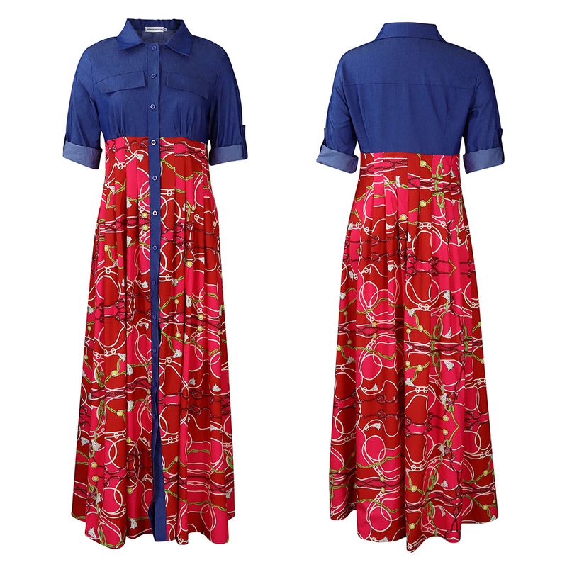 C8551 autumn and winter new large size women's fashion casual denim splicing printed long skirt big swing foreign trade dress_voghion.com