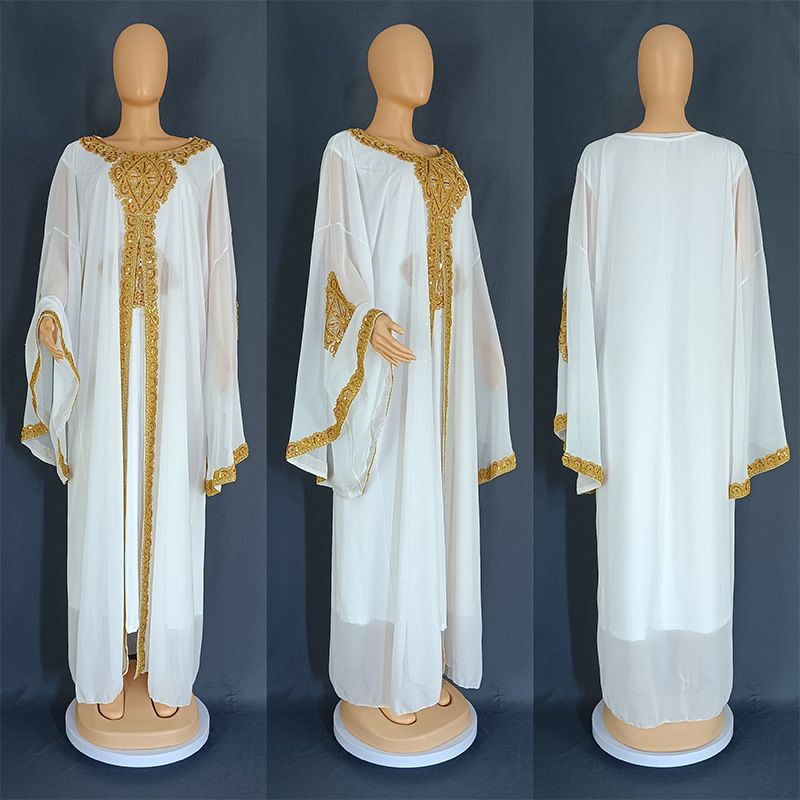 Rochie de damă Jalabiya musulmană din Orientul Mijlociu Malay cu mâneci trompetă brodate Robă brodata din dantelă aurie 8872_voghion.com