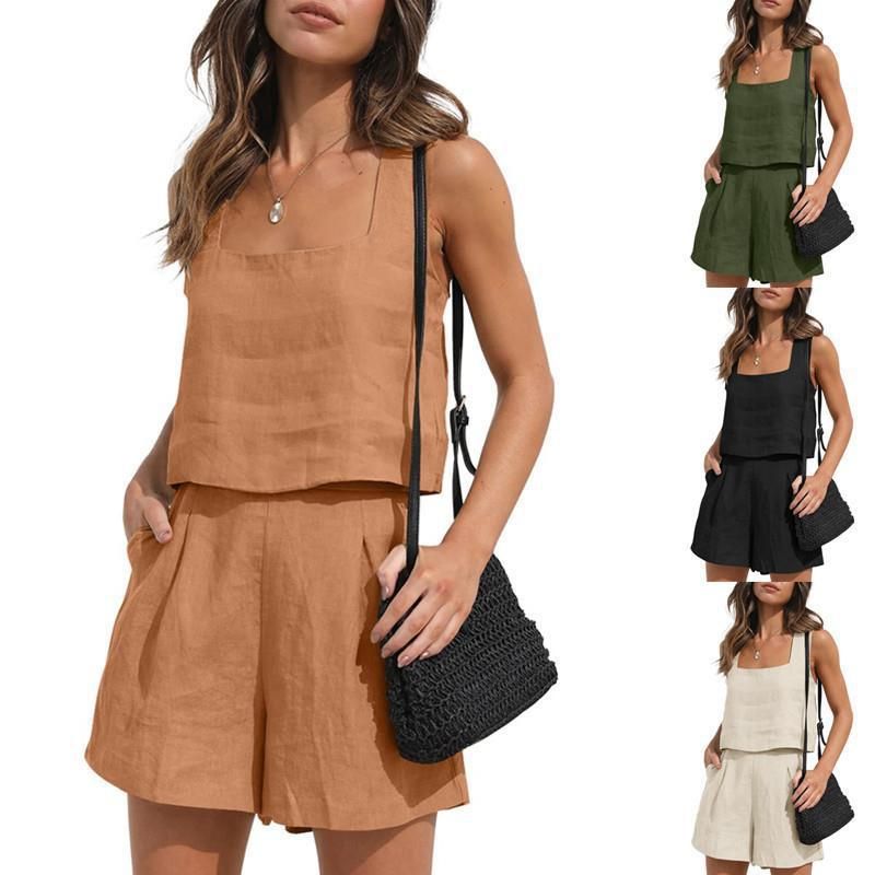 Abito casual da donna in 2 pezzi, pantaloncini di lino, gilet senza maniche_voghion.com