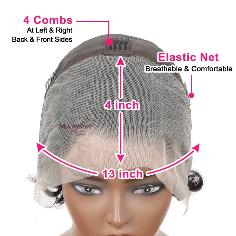 Parrucca frontale in pizzo 13x4 Parrucche per capelli umani brasiliani Remy per donne Attaccatura dei capelli prepizzicata ondulata Parte laterale Bob corto_voghion.com