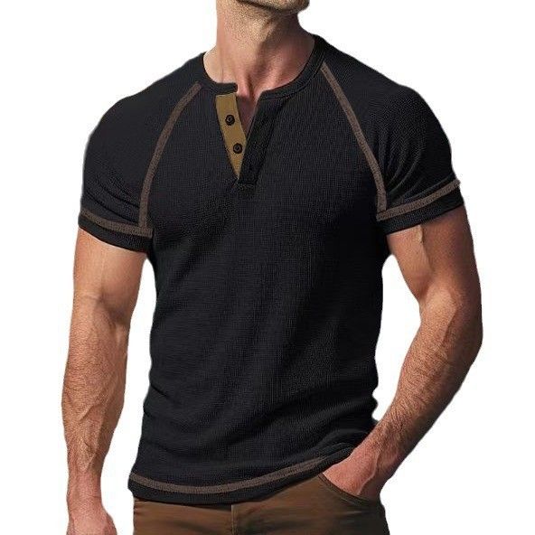 2025d Round Neck Men's Summer Oversized Waffle Texture Casual Henley Short Sleeve T-Shirt_voghion.com