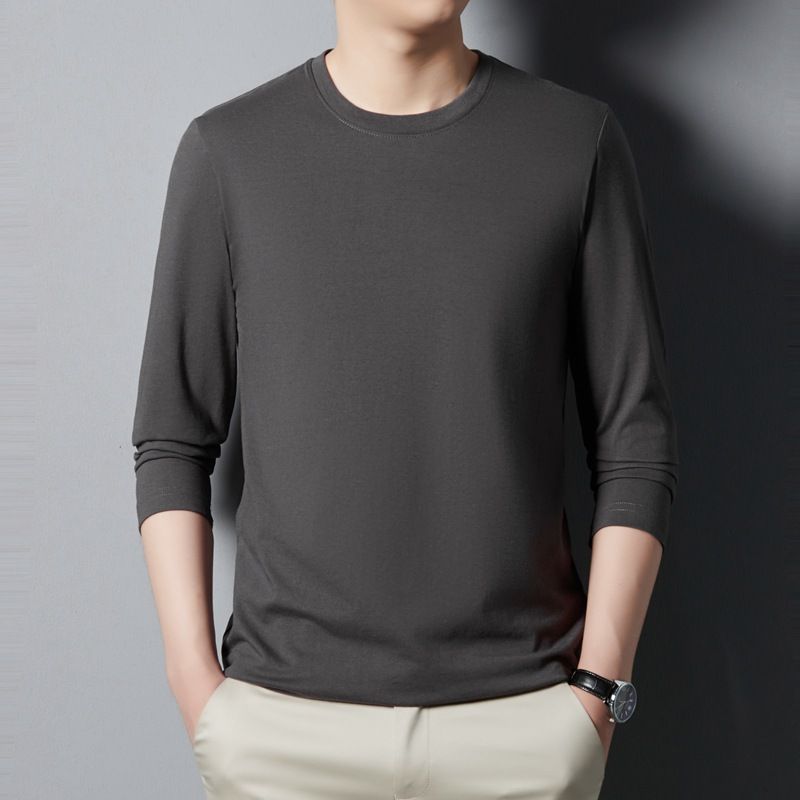 Pamutból készült férfi tavaszi viselet, fehér hosszú ujjú póló belső réteggel, kerek nyakú, egyszínű alaping, férfi felső_voghion.com