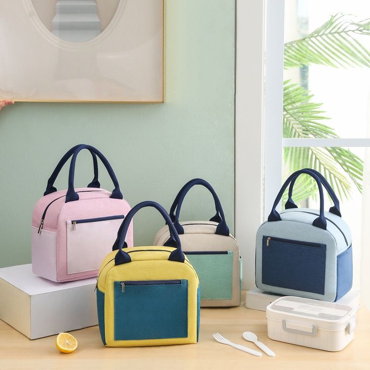 Bolsa Bento Color Blocked Bolsa Isolada Lancheira Catiônica Bolsa de Mão com Folha de Arroz Lancheira Impermeável Espessada Bolsa de Almoço_voghion.com