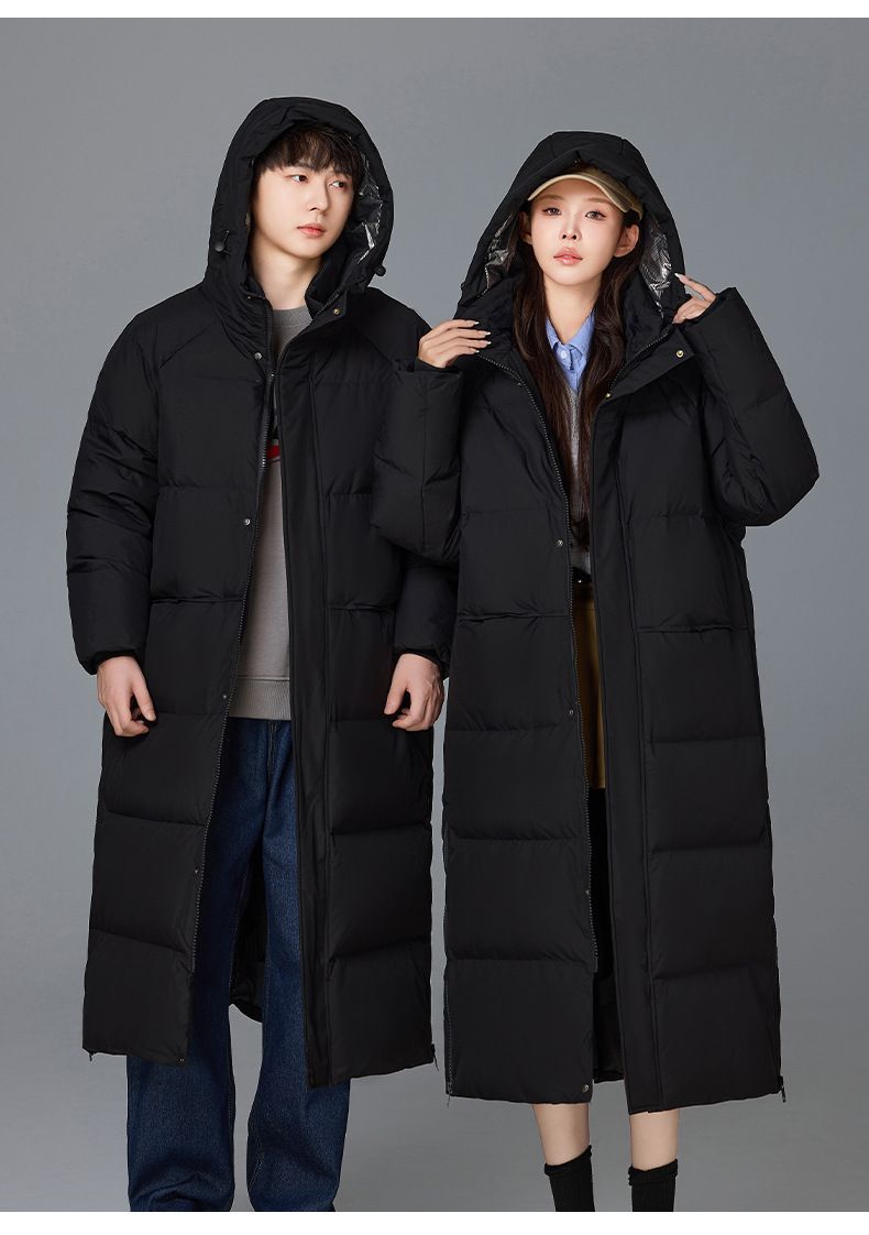 Casaco longo acolchoado para casais – Parka de penas de pato 700FP com capuz removível | Jaqueta de inverno à prova de vento em preto/marfim (P-3XL)_voghion.com