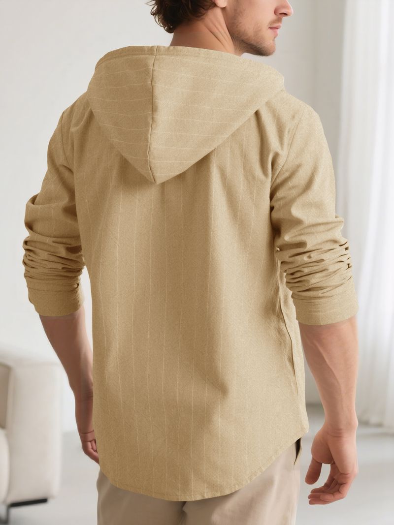 Camicia casual a maniche lunghe con cappuccio e bottoni, nuova, in cotone e lino, a righe, da uomo_voghion.com