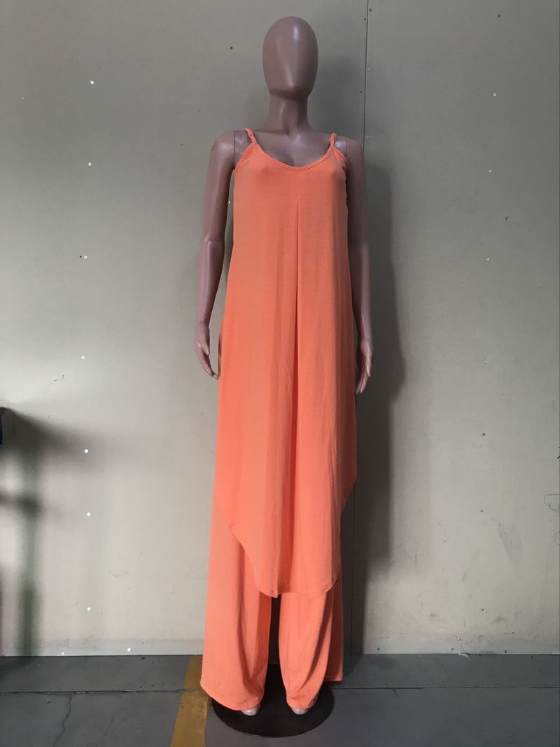 Women's fashionable women's suspender tops solid color loose 2-piece set_voghion.com