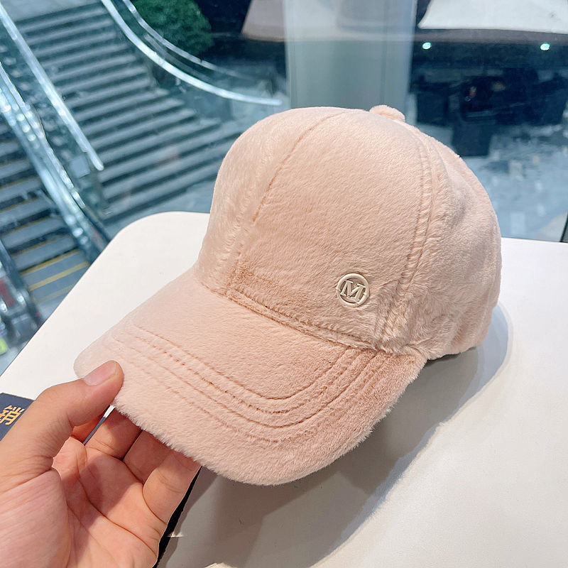 2023 Korean Edition New M-Letter Versatile Baseball Hat Autumn and Winter Thickened and Warm Rabbit Hair Mink Duck Tongue Hat Children_voghion.com