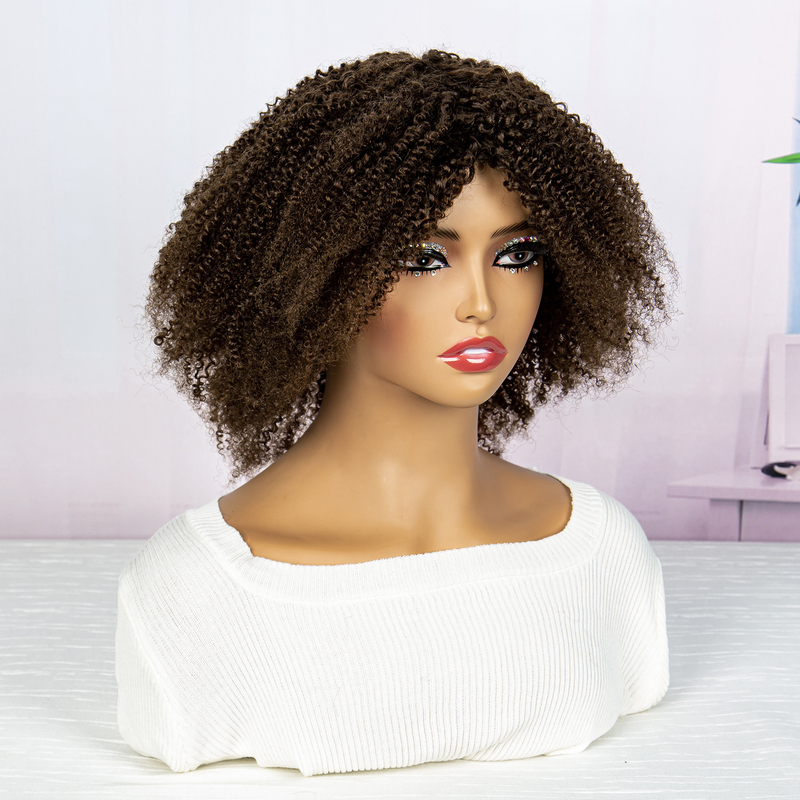 Kurzer, flauschiger und atmungsaktiver Bob, maschinell hergestellt, Rosengeflecht, 100 % Echthaar, Jerry Curl, braunes Lockenhaar_voghion.com