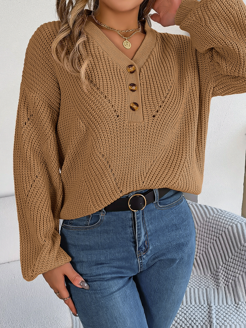 Maglione da donna con scollo a V e maniche a lanterna cava, maglione oversize, top casual in maglia tinta unita_voghion.com