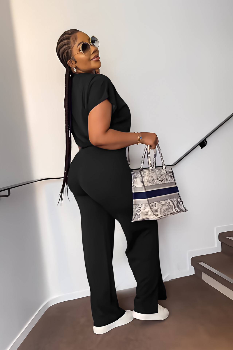 Completo due pezzi da donna con coulisse, pantaloni a vita alta e spacchi corti_voghion.com