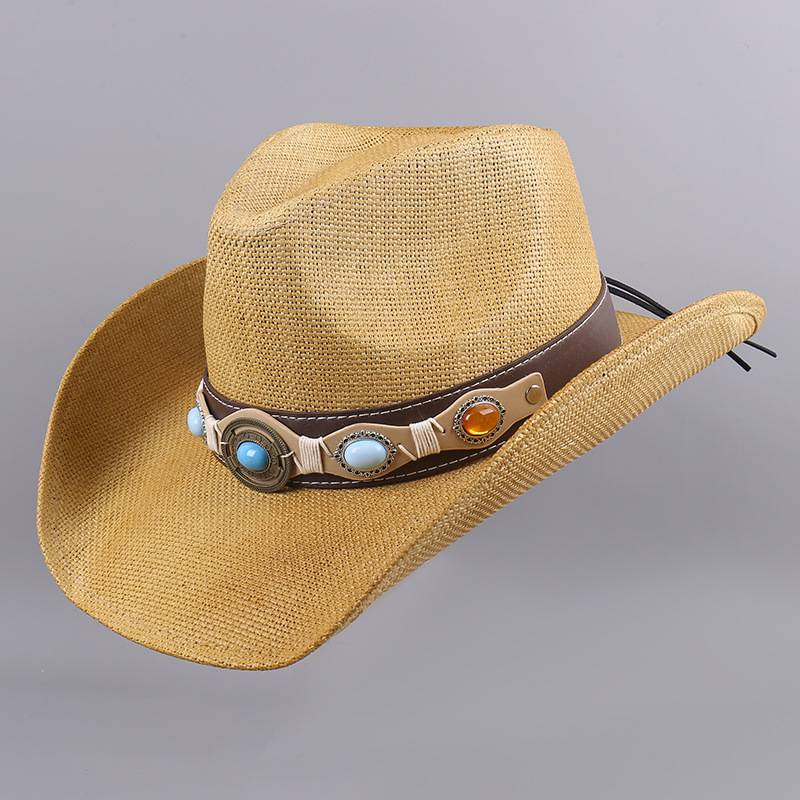 Nuovo parasole Cappello da cowboy occidentale in paglia Cappello da jazz a tesa larga con cintura gioiello da viaggio per ciclismo da uomo_voghion.com