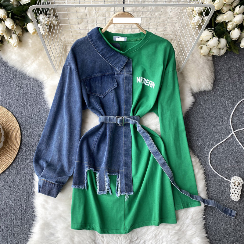 Abbigliamento donna Camicia in denim Abito patchwork Maniche lunghe Design asimmetrico Nicchia Vita Snellente Gonna fianchi_voghion.com