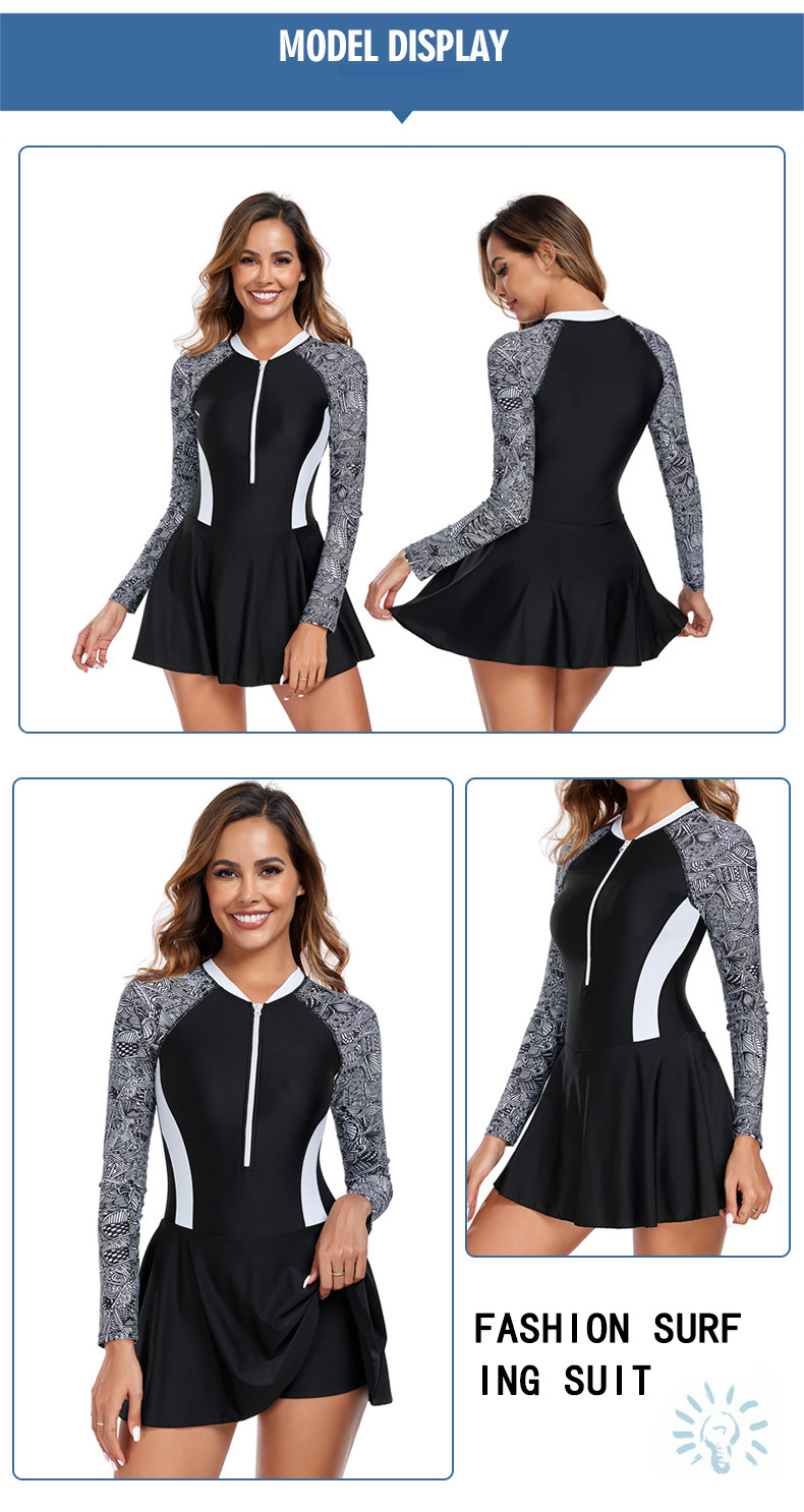 Costume da bagno Rashguard a maniche lunghe da donna - Vestito da surf e da spiaggia a blocchi di colore con cerniera frontale, vestibilità aderente, protezione UV UPF 50+_voghion.com
