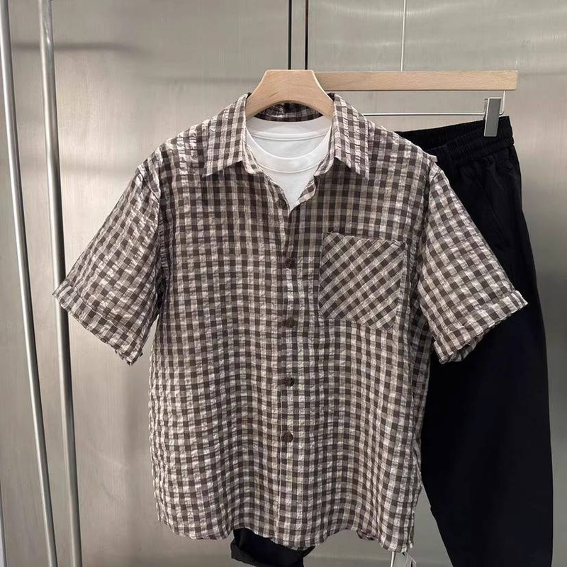 This Summer's New Japanese Retro Three-dimensional Checkered Short-sleeved Shirt Is A Versatile Loose And Thin Shirt For Men_voghion.com