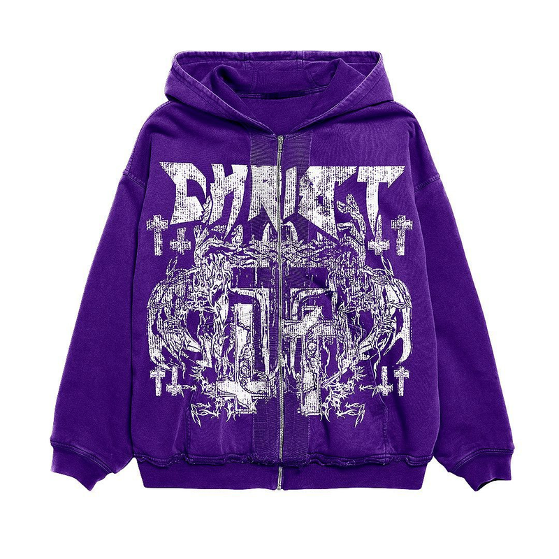 Unisex Gothic Print Zip-Up Hoodie mit Baumwollfutter - Oversized Streetwear für Männer & Frauen_voghion.com