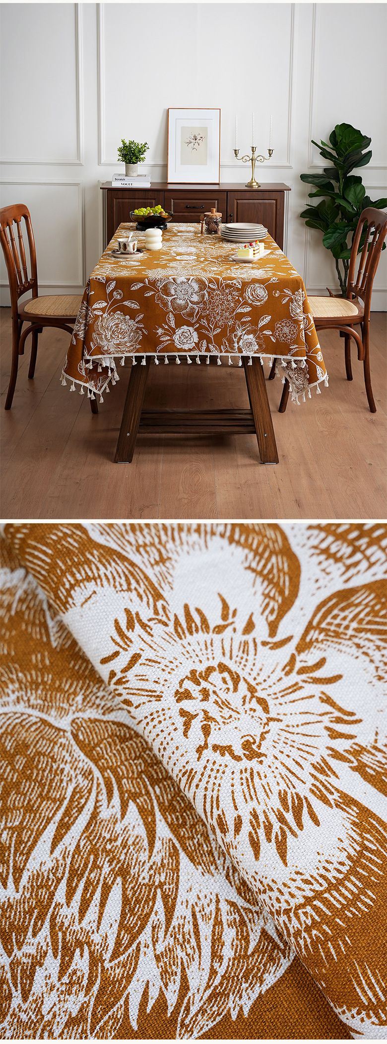 Vintage Floral Tablecloth – Luxe Polyester Rectangular Table Cover For Dining, Coffee, Tea Party – 150x100cm To 150x300cm – Warm Brown & Navy Blue_voghion.com