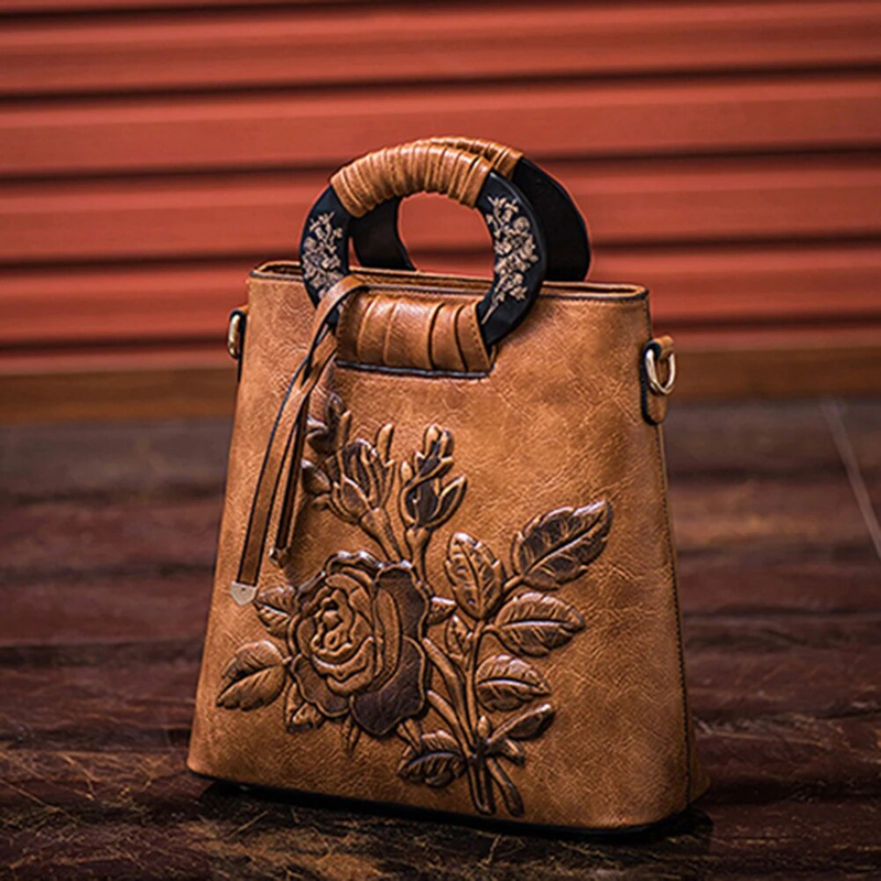 Borsa a mano con manico ad anello con stampa floreale cinese Borsa a tracolla da donna in ecopelle di grande capacità_voghion.com