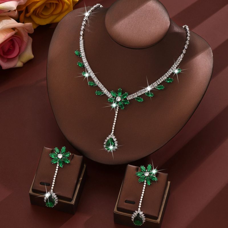 Women's Jewelry Set Fashion Trend Zircon Luxury Necklace Earrings Set Hot Style Wearing Skirt Pink Flower Tassel_voghion.com
