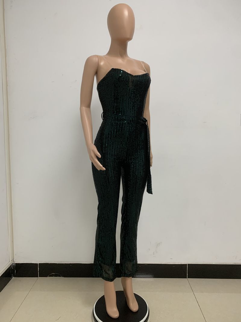 Dametøj Ærmeløs pailletterbæltejumpsuit ensfarvet tubetop rygløs jumpsuit_voghion.com
