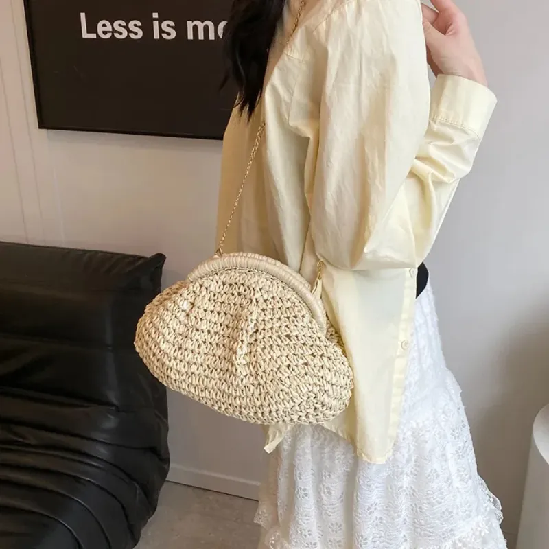 Borsa da donna in paglia intrecciata con tracolla a catena, grande capacità, elegante, a tracolla, tinta unita, per spiaggia estiva, 250614l_voghion.com