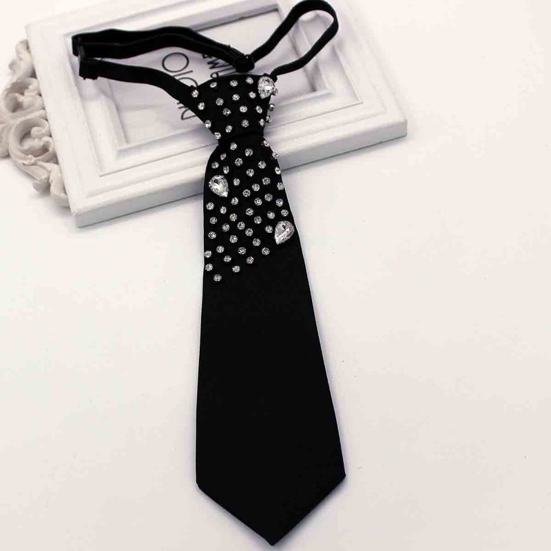Cravatta elastica senza nodo con strass, in cristallo nero di lusso leggero per donna, camicia coordinata, stile college, moda versatile_voghion.com