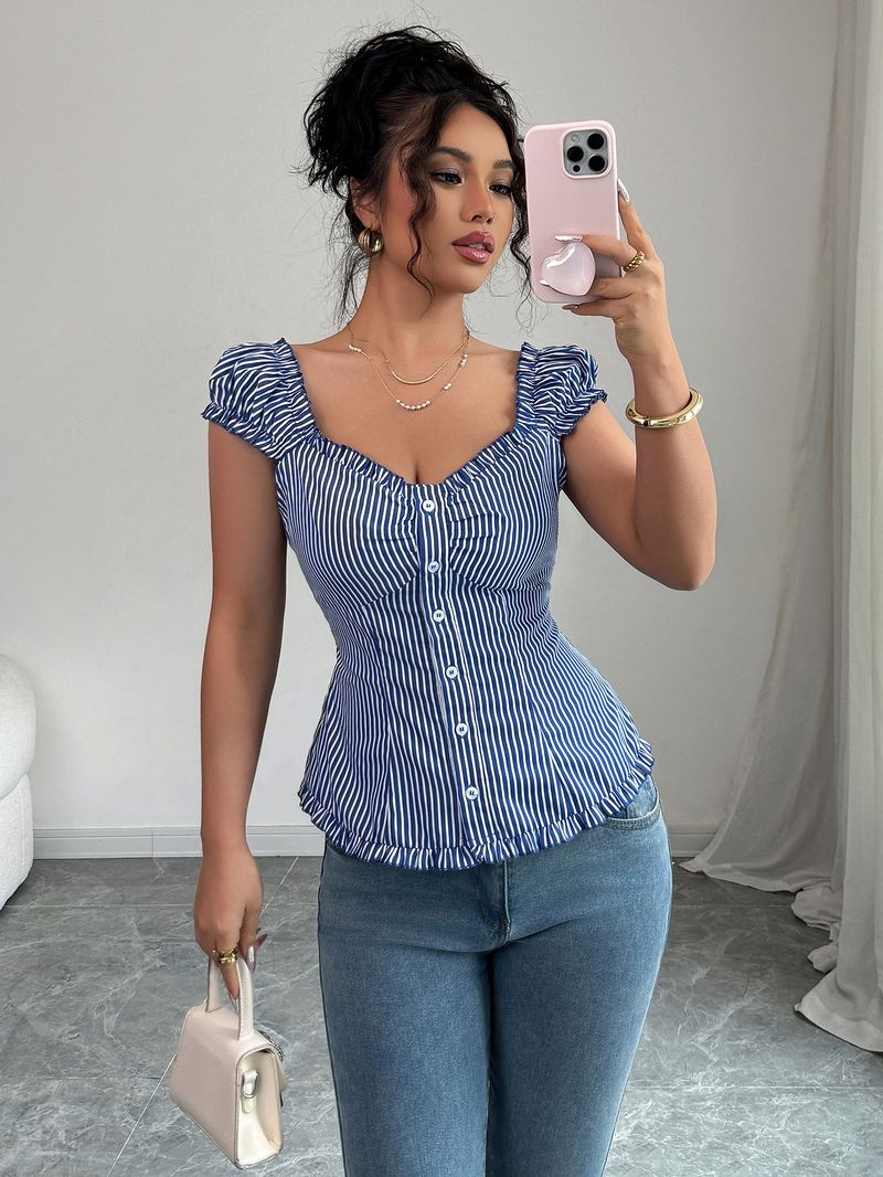 Abbigliamento da donna, elegante camicia a maniche corte a righe con bottoni, abbigliamento da donna_voghion.com