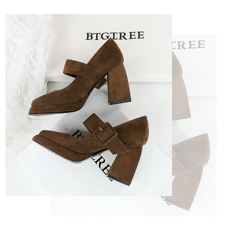 9613-6 style high thick heels, waterproof platform, suede, straight line with belt buckle, shallow mouth Mary Jane_voghion.com