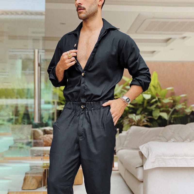 Men's Solid Color Jumpsuit Playsuit Buttons Casual Cargo Clothes Overalls Turn Down Collar Long Sleeve Oversized Waist_voghion.com