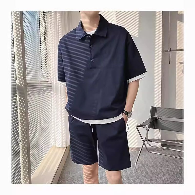 Polo e pantaloncini estivi alla moda, marchio Ins, casual, ampio, completo da uomo, due pezzi, colore puro_voghion.com