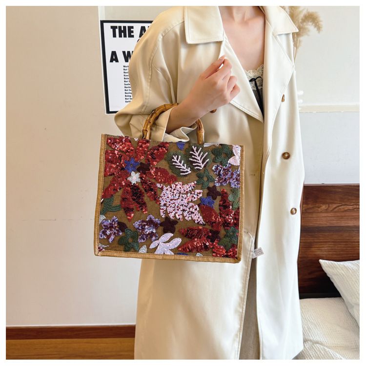 Borsa tote grande orizzontale con paillettes alla moda, borsa da donna in lino, grande capacità, borsa a mano in bambù ricamata_voghion.com