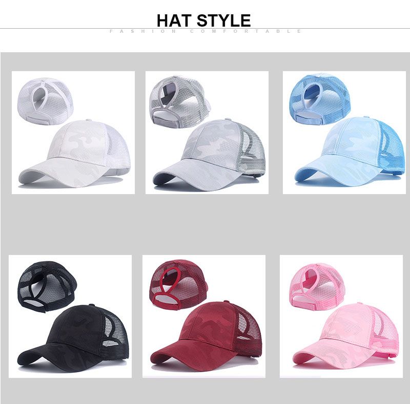 2024 neue Sommer Camouflage Mesh Trucker Hut Snapback Kappe Chapeau Femme Mode Unordentlich Haar Bun Pferdeschwanz Baseball Caps für_voghion.com