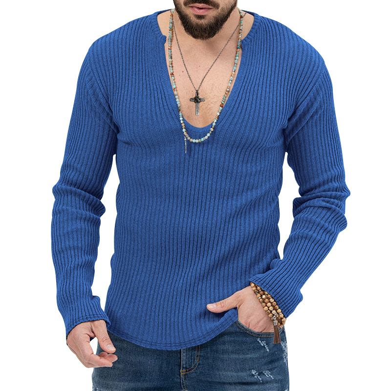Men's Trendy Spring And Autumn Deep V-neck New Solid Color Knitted Long Sleeve Shirt_voghion.com