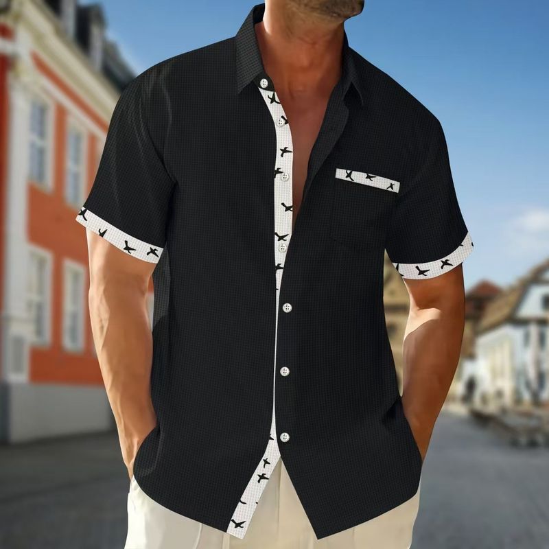Camicia da uomo a maniche corte con risvolto, casual, in tessuto a nido d'ape, con bottoni e tasche_voghion.com
