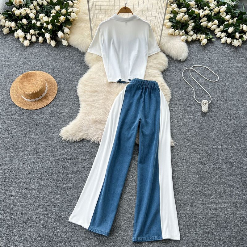 Ensemble complet de vêtements d'été pour femmes, haut décontracté à manches courtes et taille haute, pantalon large en denim à revers rétro, deux pièces_voghion.com