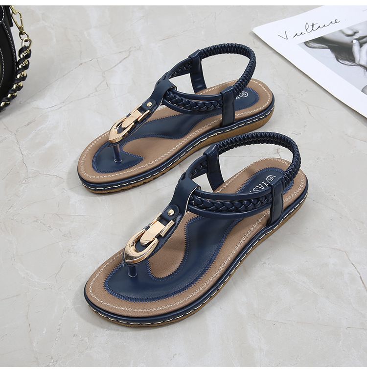 Flip-toe Sandals Women's Summer Non-slip Clamping Foot Flat Gold Buckle Casual Flat Sandals_voghion.com