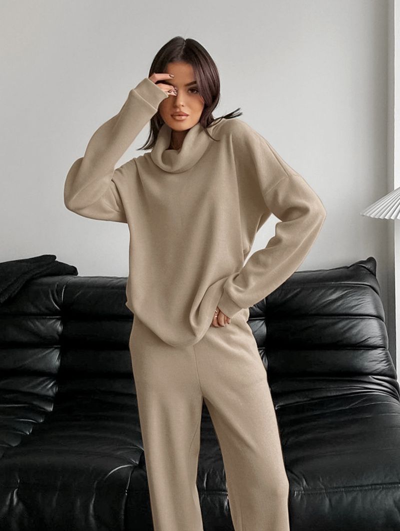 Suéter de malha cáqui com gola alta para outono e inverno, feminino, casual, simples, camisa, blusa, calça comprida, conjunto de duas peças feminino_voghion.com